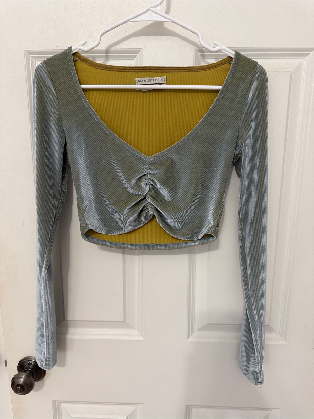 Urban Outfitters Paradox Velvet Ruched Long-Sleeve Crop Top Size Small Blue